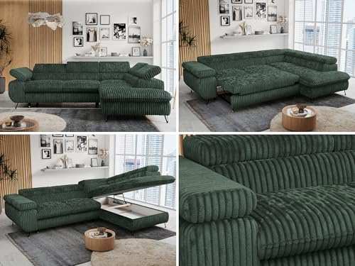 MKS MEBLE Ecksofa Wohnlandschaft L-Form mit Schlaffunktion und Bettkasten, Schlafsofa mit Bettkasten, Sofa mit Einstellbare Kopfstützen, Peter L - Cord - Rechts Grün