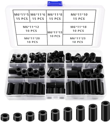 YIXISI 110 Stücke Kunststoff Rund Abstandshalter Kit, für M6 Schrauben, Distanzscheiben Ohne Gewinde Säulen, OD 11mm, Schwarz