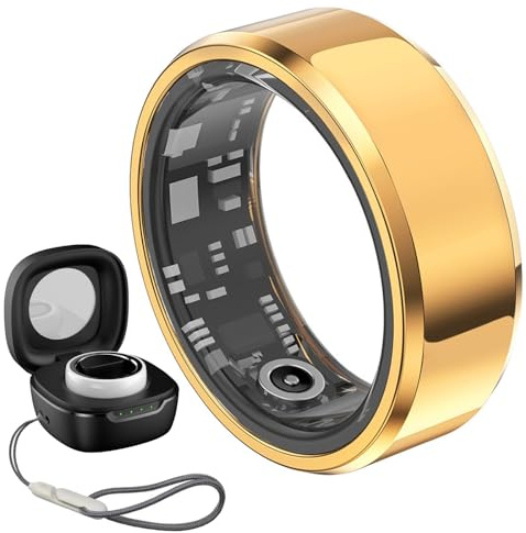 Smart Ring, nuovo anello fitness tracker 2024 con custodia di ricarica, impermeabile IP68, frequenza cardiaca, ossigeno nel sangue, rilevatore del sonno, per donne e uomini(Gold,20.7 mm)