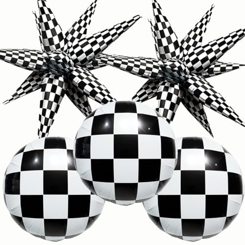 Black White Checkered Explosion Star Foil Balloon |Black and White Checkered Round Ball Balloons for boys birthday party,Race-themed birthday party,Las Vegas Casino party,Father's Day party decor
