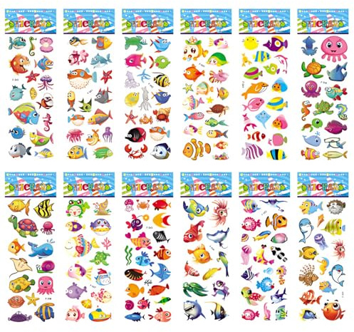 Puffy Sticker 3D Sticker,Meerestiere Kinder Cartoon Fische | PVC-Material, 3D Struktur-Look, Selbstklebendes Design, Sticker Meer
