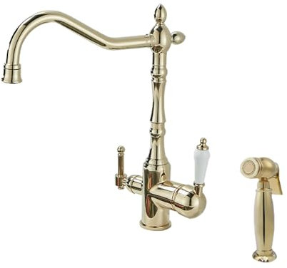 Grifo Osmosis 3 Vias Grifo Cocina Dorado Vintage con Palanca Doble Giratorio de 360° Mezclador Grifo de Cocina con Pulverizador-A