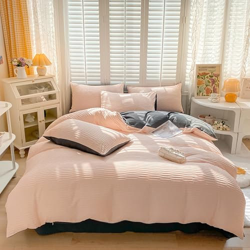 Hengqiyuan 4 Stück Rosa Plus Grau Seersucker-Bettbezug Bettwäsche 180 x 220 cm Bettlaken 230 x 250 cm kräuselnder Bettbezug mit 2 Kissenbezügen 48 x 74 cm