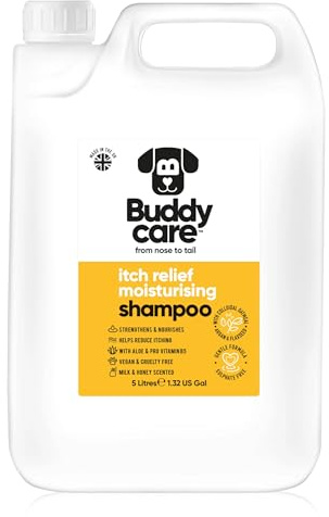 Fuktgivande hundschampo av Buddycare | Djuprengörande schampo för hundar | Mjölk och honung doftande | Med Aloe Vera och Pro Vitamin B5 (5L)