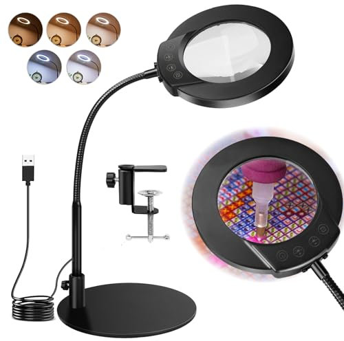 Cuteefun 10X Lampe Loupe sur Pied, 360° Flexible Loupe de Bureau avec Base et Pince, 5 Modes de Couleurs, Dimmable Lampe avec Bouton Tactile, Idéale pour Les Loisirs Artisanaux, La Réparation