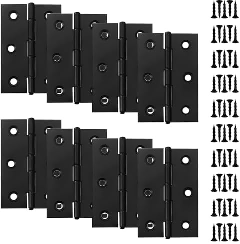 Lot de 8 charnières de porte noires de 75 mm en acier inoxydable avec 50 vis M4 pour portes intérieures et extérieures en bois, portes, fenêtres, placards, tiroirs