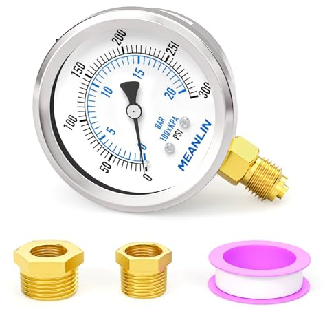 MEANLIN MEASURE 0~300Psi Dry Pressure Gauge Stainless Steel 1/4 BSP 2 FACE DIAL Waterproof for Well Pump Water Tire Water Pressure Tester Lower Mount, with 1/2 BSP and 3/8 BSP Hex Bushing