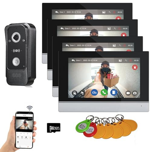 Verdrahtete Video-Gegensprechanlage Tuya WiFi 7 Zoll Touchscreen 1080P Türklingel Intelligent Tuya APP Sprechanlage mit Bewegungserkennung, Anti-Tamper Alarm, 32G (1 Türklingel+4 Monitor)