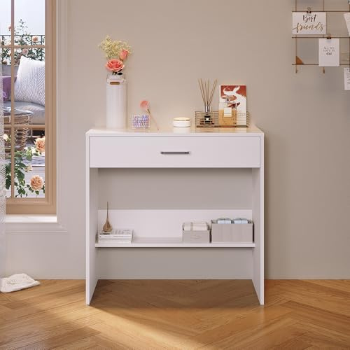 SONNI Schminktisch mit Großer Schublade, Unterteilungen, 80x40x77cm, Weiß | Frisierkommode mit Unteres Lagerregal, Frisiertisch, Kosmetiktisch, Schreibtisch, Computertisch, Bürotisch, Arbeitstisch