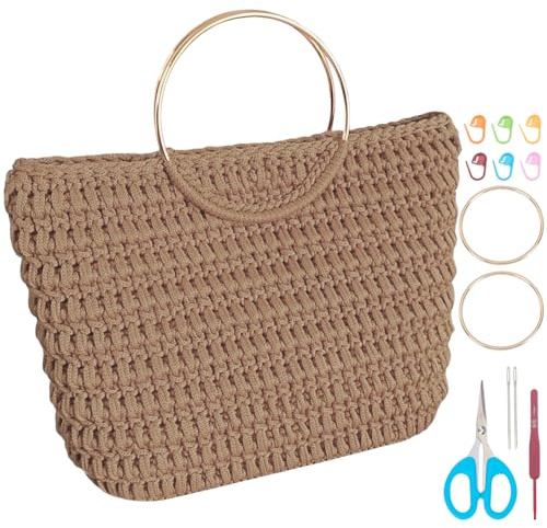 INFUNLY DIY Häkeltaschen Set Für Anfänger Hellkhaki Häkelset Für Tragetaschen Mit Video Tutorials Häkel Starter Taschen Kit Mit Metallgriffen Häkel Handtaschen Set Für Erwachsene Frauen DIY Geschenke