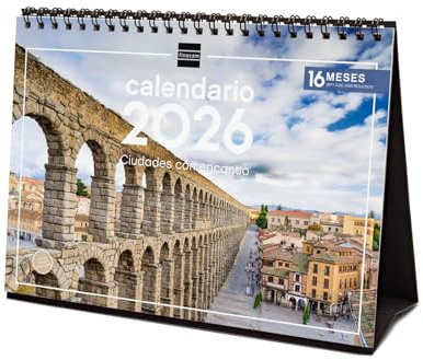 Finocam - Calendrier de bureau 2026 mois vue janvier - décembre 2026 + sept. - Déc. 2025 (4 mois) réduits | Calendrier 2026 | Images Villes - Espagnol