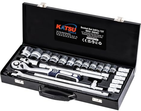 KATSU Tools 24-Piece 1/2 Drive Ratchet Socket Set - CR-V, 6-Point, 8-32mm Metric, 72 Teeth Quick Release Ratchet Wrench, Steel Carry Case, Mechanic Tool for DIY, Car Repair