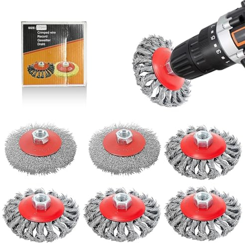 LERANXIN 6 Piezas Cepillo de Alambre para Taladro Kit, M14 Cepillo Metalico para Taladro Amoladora, Diámetro 100mm/115mm Cepillos de Alambre, para Madera y Meta, para Eliminación de Oxido, Pintura