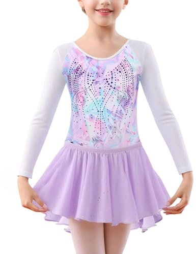 SEAUR Fille Justaucorps Gymnastique Manches Longues Gymnastique Ensemble Gymnastique avec Jupe et Bandeau Multicolore Glitter 9-10 ans