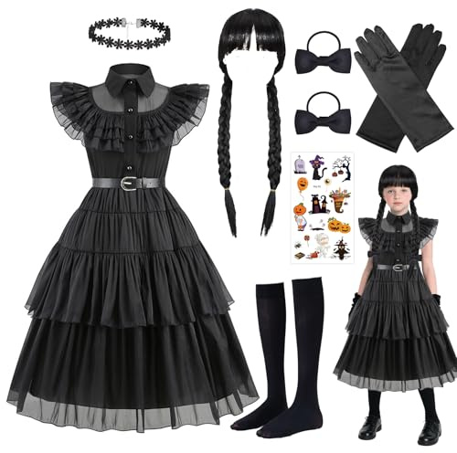 Carreuty Set di 8 costumi da principessa neri per bambine, con parrucca, guanti, calzini, fasce per capelli, tatuaggi, per la scuola gotica, per la Giornata mondiale del libro, Halloween