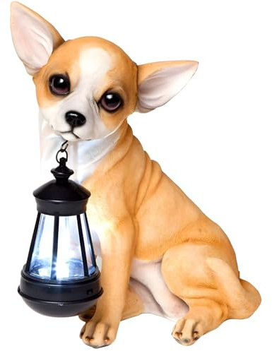 yeeplant Statua di chihuahua della resina con la lanterna solare, decorazione all'aperto del giardino, accento realistico di illuminazione animale