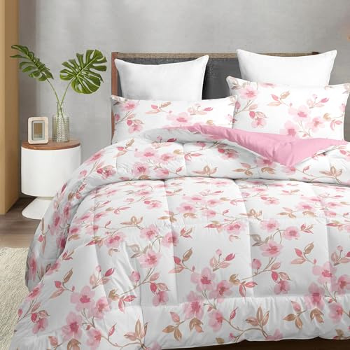 Dozrmey Bettdecke 220x240 cm 4 Jahreszeiten Bettdecke, Rosa Pfirsichblüten-Print Mikrofaser Steppdecke, Weiche und Bequeme Ganzjahresdecke, Deal für Allergiker, Rosa