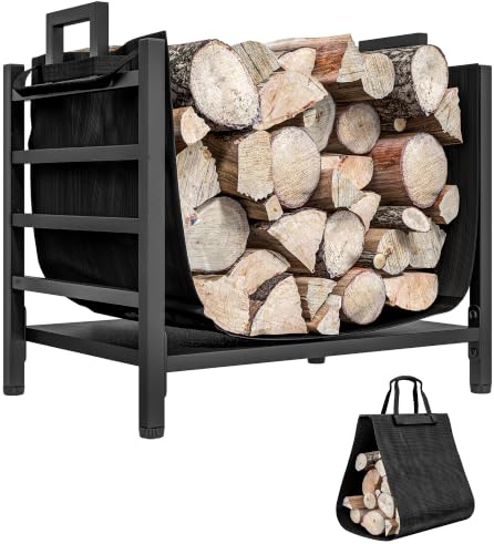 Outsunny Porte-bûches range-bûches avec sac de transport amovible en tissu Oxford 600D, charge 50 kg, usage intérieur, métal, 49l x 34P x 44H cm, noir
