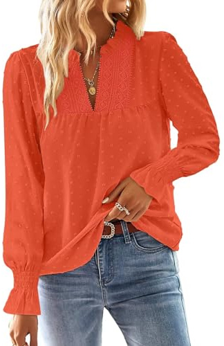 TUUHAW Ropa de Mujer Boho Manga Larga de Volantes Otoño Camiseta Oversize Elegante con Cuello en V Encaje Color Sólido Punto Suizo Túnica Blusa Camisa con Mangas de Volantes Naranja Brillante 5XL