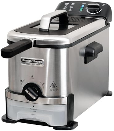 Hamilton Beach PureFry, Freidora de grasa profunda, profesional de 3 L, sistema de filtración de aceite, caja de almacenamiento de aceite, acero inoxidable, asas de tacto frío, temperatura ajustable