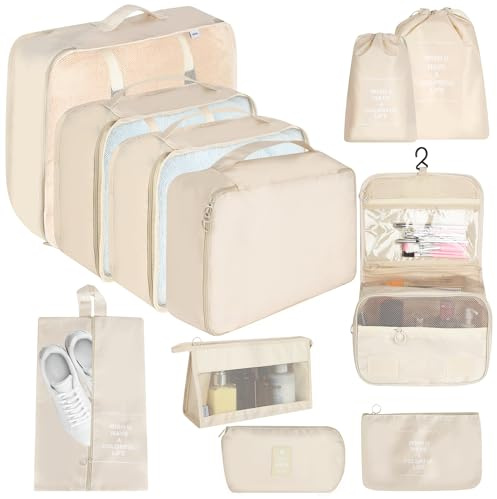 11-Teilige Koffer Organizer Set, Packing Cubes Compression, Packing Cubes Kleidertaschen, Kofferorganizer Packtaschen Set Kosmetiktasche, Schuhbeutel, für Organizer Koffer Urlaub (Beige)