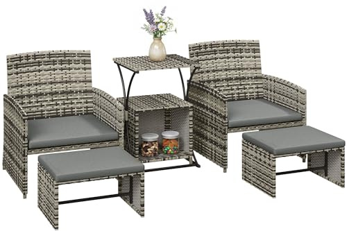 Ensemble de mobilier de jardin en rotin Outsunny 6 pièces, ensemble de mobilier de patio peu encombrant avec 2 tables gigognes, 2 chaises, 2 repose-pieds, canapé d'extérieur en osier avec coussins