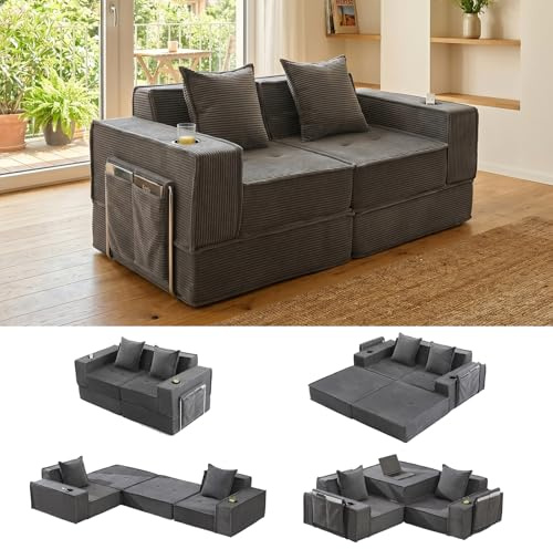 Atenza Schlafsofa mit Schlaffunktion 2-Sitzer Cord Bodensofa Getränkehalter | Weiches Feincord-Gewebe für Wohn- & Spielzimmer, 162x78x66cm, Boneless Couchset mit integrierten Seitentaschen