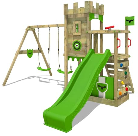 FATMOOSE Spielturm Ritterburg BoldBaron Boost XXL mit Schaukel & apfelgrüner Rutsche, Outdoor Kinder Kletterturm mit Sandkasten Leiter & Spiel-Zubehör für den Garten