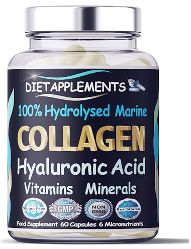 Advanced Skin, Hair, Nails, Bones Complex. Marine Collagen from Wild Fish 1000mg, Hyaluronic Acid 200mg; Vitamin C, Zinc, Copper for Immune System; E, B2, Iodine. 100% Hydrolyzed Peptides Supplement.