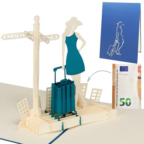 Sweetpopup® 3D Pop-Up Karte Frau mit Reisekoffer – Perfekt als Glückwunschkarte für Geburtstag, Neuanfang oder als Gutschein für Reisen, Urlaub, Städtereise und Flugtickets – 193