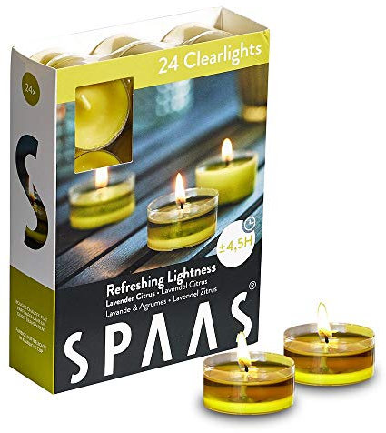 Spaas 24 Duftenden Clearlights, Teelichter mit durchsichtigem Halter, ± 4,5 Stunden - Refreshing Lightness, Herbst Gelb