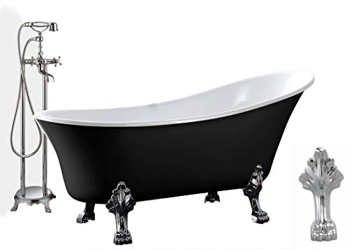 Freistehende Badewanne PARIS Acryl - 176 x 71 cm - Schwarz glänzend - Metallfüße & Standarmatur wählbar, Standarmatur:Inkl. Standarmatur 1414 Chrom, Farbe der Füße:chrom