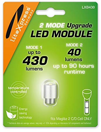 LiteXpress LXB430 Dual Mode LED Upgrade Modul 430 oder 40 Lumen NUR für 2 C/D-Cell Maglite Taschenlampen verwenden