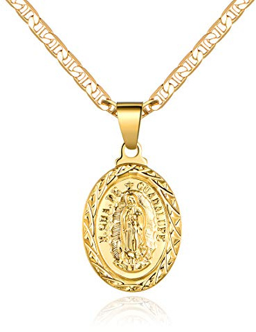 Barzel 18K Gold Plated Flat Mariner/Marina Chain Necklace With Virgin Mary Guadalupe Charm Pendant 3MM (24)