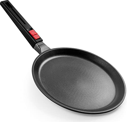 Gotoll Padella Crepes,Piastra Pancake in Alluminio Antiaderente,Padella Piatta per Pancake Omelette con Manico Rimovibile,Indicata per Tutti i Piani Cottura-Ø 28cm