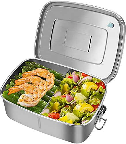 HONZUEN Leakproof Lunch Box, Stainless Steel 1100ML Bento Box with 2 Compartments, Food Sandwich Salad Box Storage Container for Adults and Kids, Office School Food Container