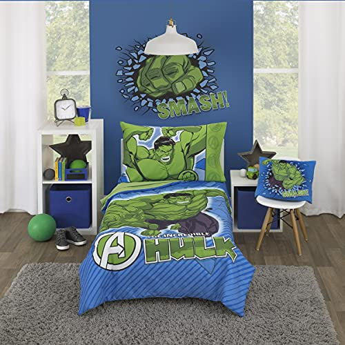 Disney Marvel The Incredible Hulk - The Big Guy - Juego de Cama Infantil de 4 Piezas, Color Azul y Verde, edredón, sábana Bajera, sábana encimera y Funda de Almohada Reversible, 4008416P