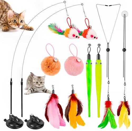 HOSFROLL Cat Toys, 2 Pack 3 in 1 Interactive Cat Toy for Indoor Cats with Sticky Super Suction Cup Detachable 10 Pcs Replacements Feathers Balls Mice 2 Wand Hanging Door Kitten Toys