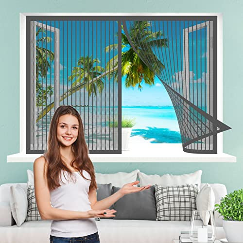 Moustiquaire Fenêtre Magnétique, 130 x 135 cm Moustiquaire Porte Fenetre Rideau, Kit d'installation pour Tout Type de Fenêtre, Gris
