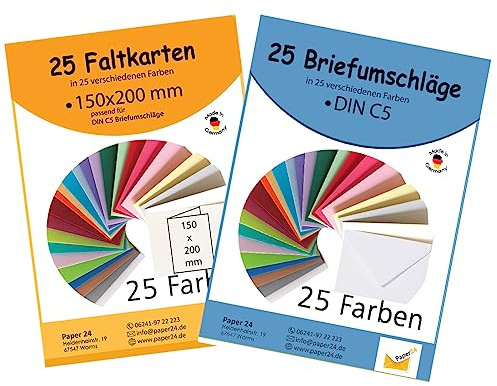 Paper24 25 bunte Briefumschläge DIN C5 in 25 unterschiedlichen Farben als Set inkl. 25 A5 Klappkarten