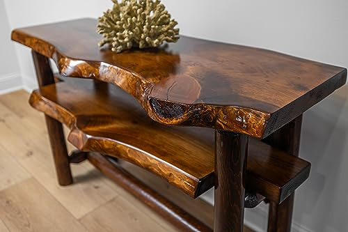 Rustic Log Live Edge Wooden Console Sofa Table for Entryway with Shelf Storage (Honey Pine)