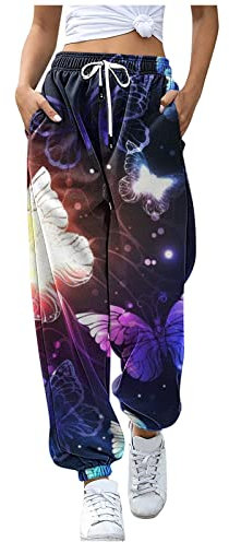 Freizeithose Damen Lang Weites Bein, Sporthose Damen Lang High Waist Jogginghos Schmetterlingsdruck Sweathose Mit Taschen Hohe Taille Freizeithose Fitness Training Sporthose Mit Hüftgürtel Kordelzug