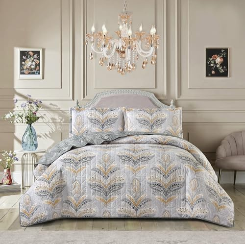3-Piece Jasmine Silver Quilted Bedspread Set King 250 x 250 cm - Hotel Quality Soft Microfiber Bed Throw for Bedroom - Luxury Printed Bedding with 2 Pillow Shams
