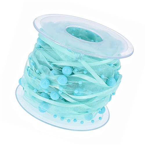 Rockreyoa 10M Perlenband mit Chiffon-Band Perlengirlande Organzaband Perle String Satinband Perlenkette Perlen Schnur Dekoband für DIY Basteln Party Tischdeko Hochzeit Geburtstags 10mm blau