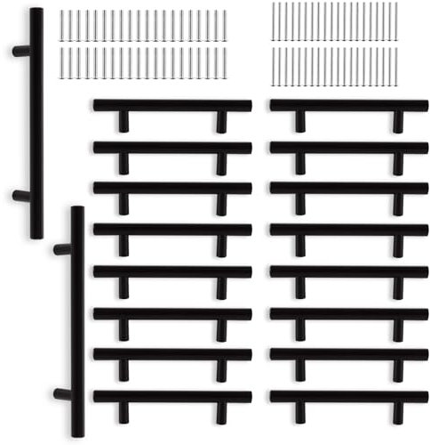 CYEER 20 Pack Black Kitchen Cupboard Handles 128mm Hole Center, Stainless Steel Matt Black Drawer Cupboard Door Handles T Bar Wardrobe Cabinet Pull Handle for Kitchen, Overall Length:200mm