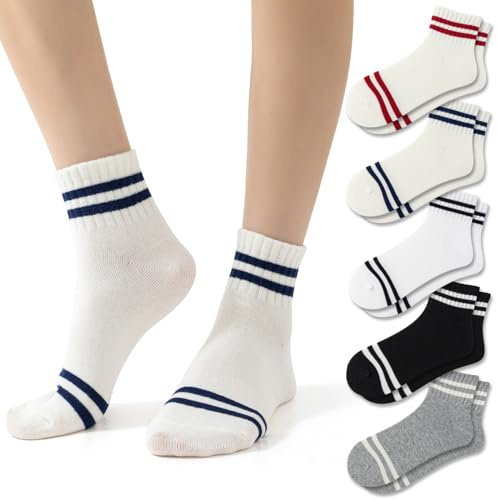 Fszsaa 5PAIRS Novelty Fun Striped Quarter Crew Socks For Women Sporty Cotton Athletic Ankle Socks