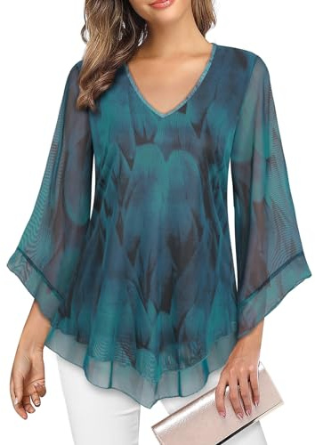 Gemulate Ladies Peacock Chiffon Tunic Tops - Loose, Flowing V Neck Overlay Tops for Women - Bell Sleeve, 3/4 Length - Peacock Blue, M