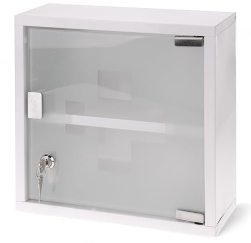 MIJOMA Medizinschrank aus Metall, abschließbar mit Glastür und Ablageböden, Sicherheitsschloss inkl. 2 Schlüssel, Arzneischrank für Erste Hilfe, Kindersicher, Wandmontage (Weiß, 30 x 30 x 12cm)