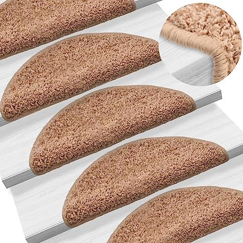 ISCBAFYX Hochflor-Treppenstufenmatten, 15-teiliges Set, zottelige Teppich-Stufenmatten, rutschfeste, Selbstklebende Teppichläufer-Pads, Teppich-Treppenstufen, 15 Stück, Beige, 65 x 21 x 4 cm