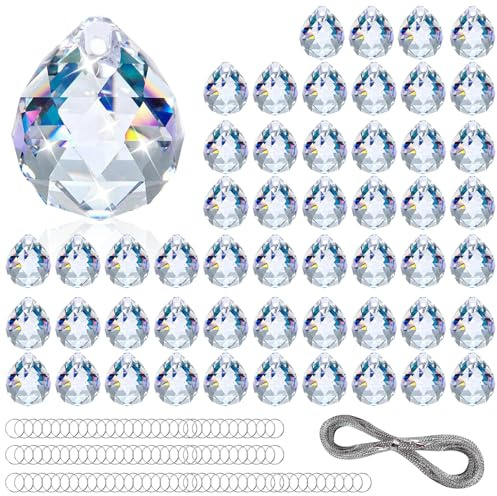 Akamino 50PCS Clear Crystal Ball Prism 20mm Suncatcher Chandelier Pendants Maker with 100PCS Metal Rings and 10M Sliver Chain,Hanging Crystals Prisms for Windows Feng Shui Gift Wedding Christmas Party